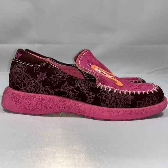 RARE Oilily Girls Kids Shoes Floral Design and Embroidery Pink and Burgundy - Picture 2 of 9